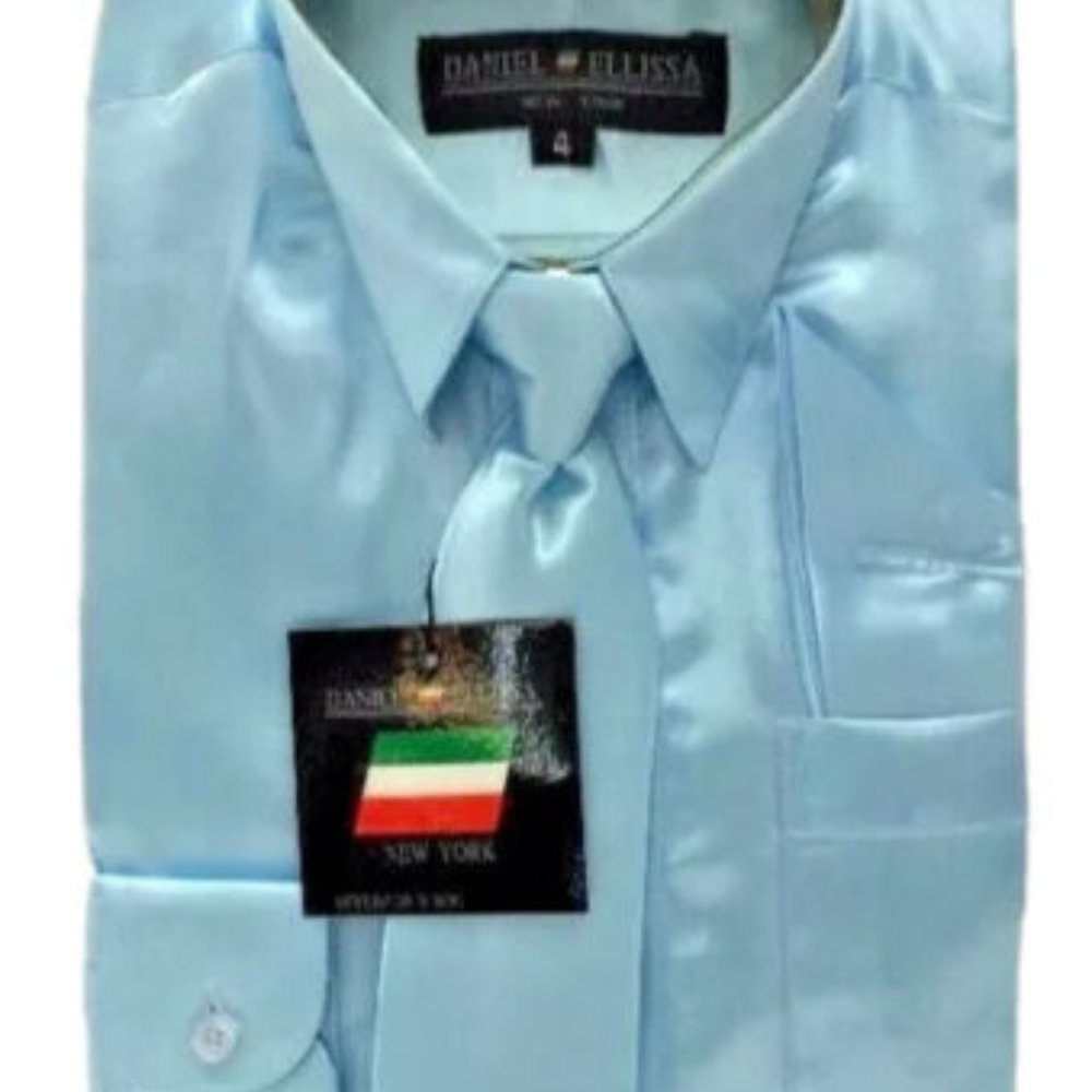 Daniel Ellissa Boys Blue Satin Shirt Tie Hanky Polyester Sizes 4 - 18